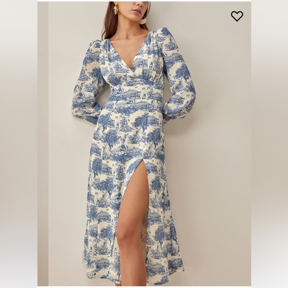 NEW Reformation Lindero Dress with Slit in Pastoral Print Size 0 Blue White NWT